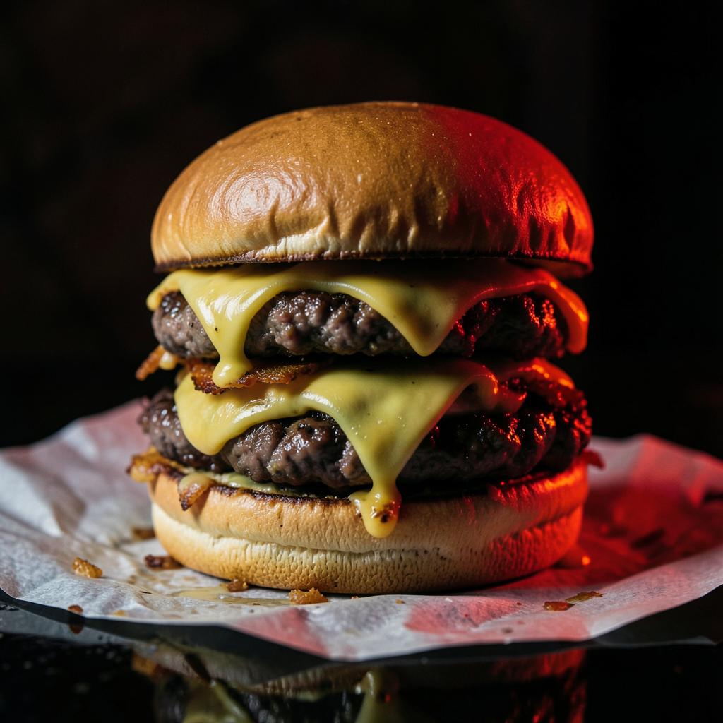 Double smash burger with melted cheese on grease paper
